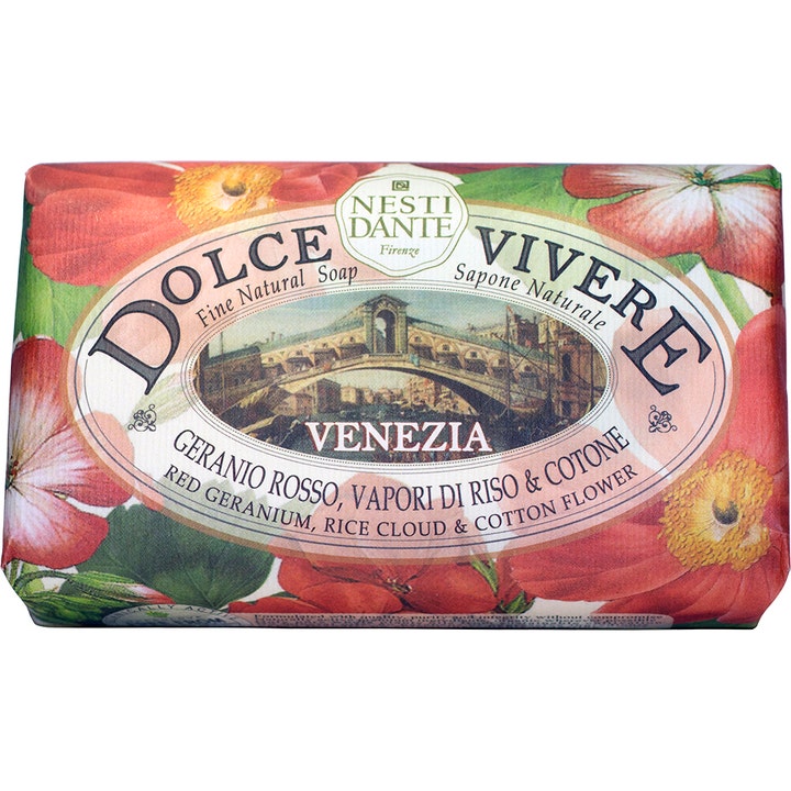 Nesti Dante Dolce Vivere Venezia 250g fast sæbe indpakket i papir med røde blomster og motiv af Rialtobroen.