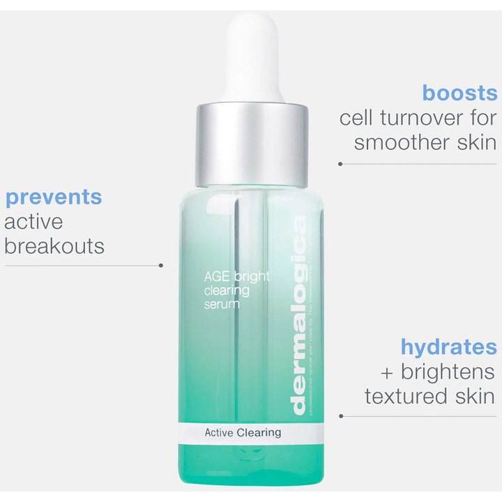 Dermalogica AGE Bright Clearing Serum 30 ml i turkis glasflaske med pipette der modvirker urenheder og giver glød