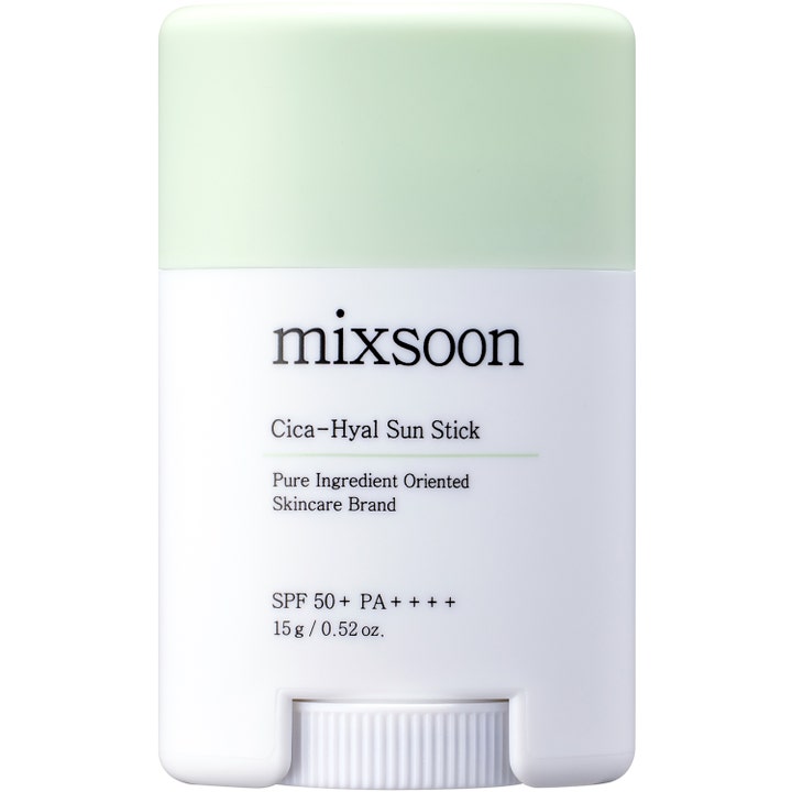 Mixsoon Cica-Hyal Sun Stick 15g beroligende solstift med SPF 50+ i hvid emballage med lysegrønt låg