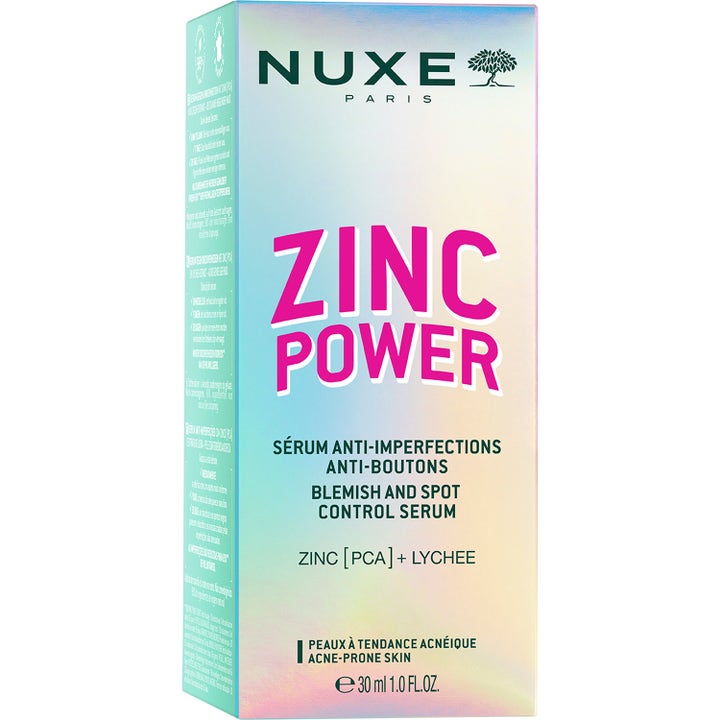 Nuxe Zinc Power Blemish And Spot Control Serum 30 ml bekæmper urenheder i en holografisk æske med pink tekst