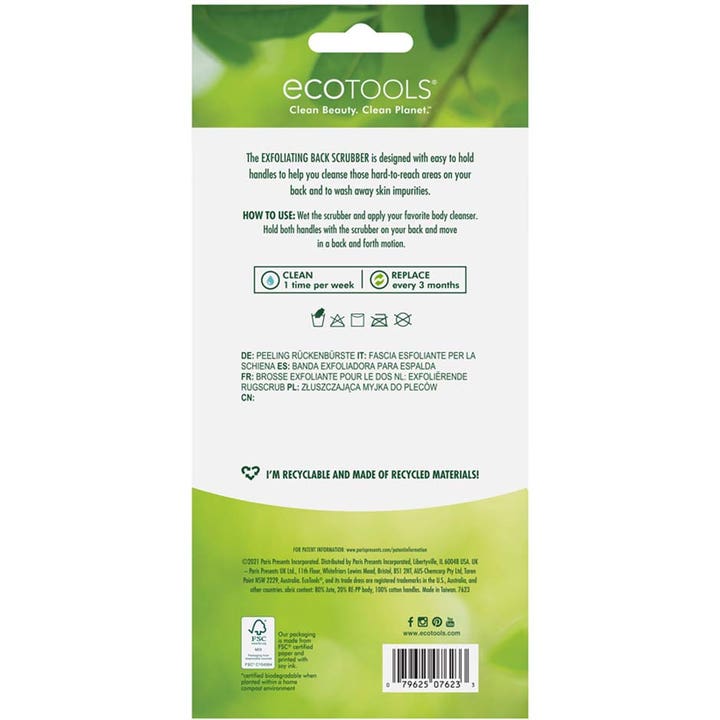 Ecotools Exfoliating Back Scrubber 1 stk fjerner urenheder vist på emballagens bagside med plejeinstruktioner.