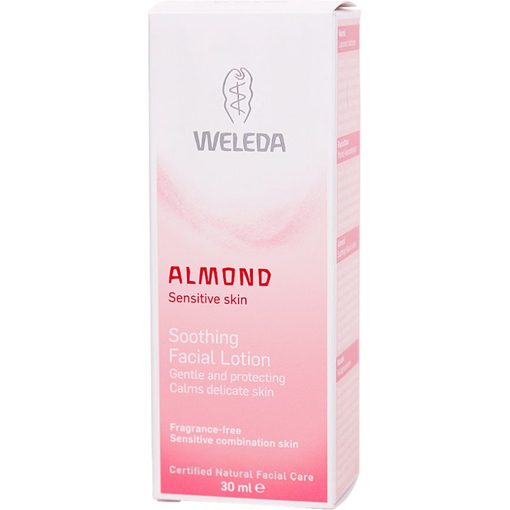 Weleda Almond Soothing Facial Lotion 30 ml beroligende ansigtscreme i hvid og lyserød emballage til følsom hud.