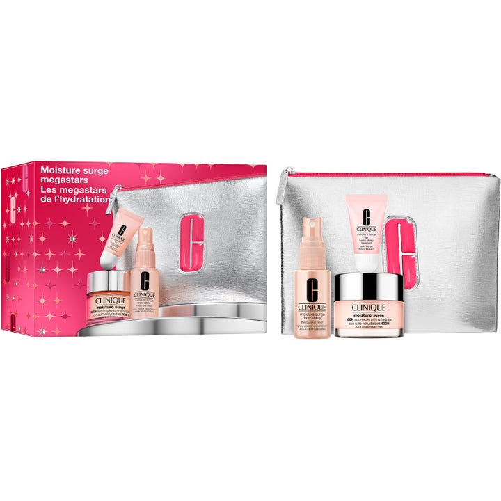 Clinique Moisture Surge Megastars gavesæt til fugtgivende ansigtspleje i en flot sølvfarvet kosmetikpung.
