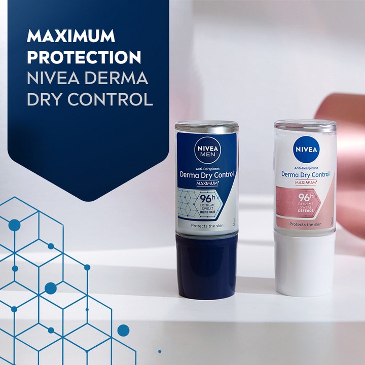 NIVEA Derma Dry Maximum Protection 50 ml effektiv roll-on deodorant viser blå og hvid emballage med 96 timers beskyttelse