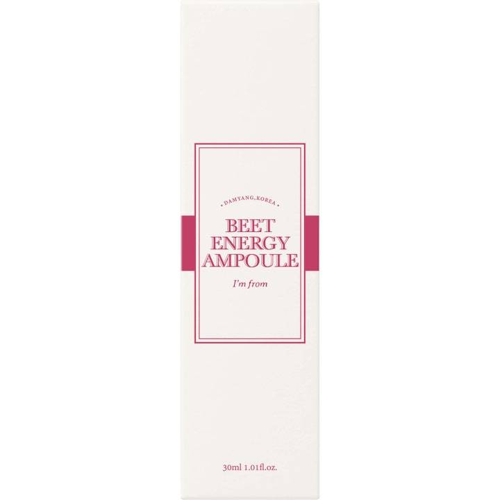 I'm From Beet Energy Ampoule 30 ml energigivende serum i en hvid yderemballage med vinrøde detaljer.