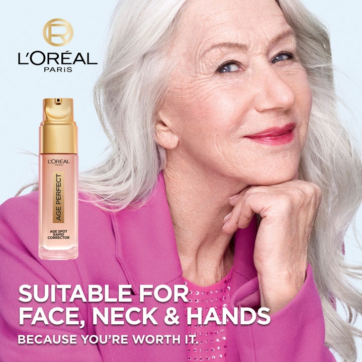 L'Oréal Paris Age Perfect Age Spot Rapid Corrector Serum 30 ml ansigtsserum mod pigmentpletter vist med moden kvinde