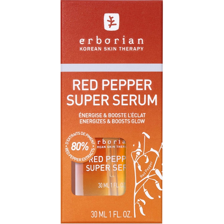 Erborian Red Pepper Super Serum 30 ml energigivende ansigtsserum i orange æske med vindue til flasken