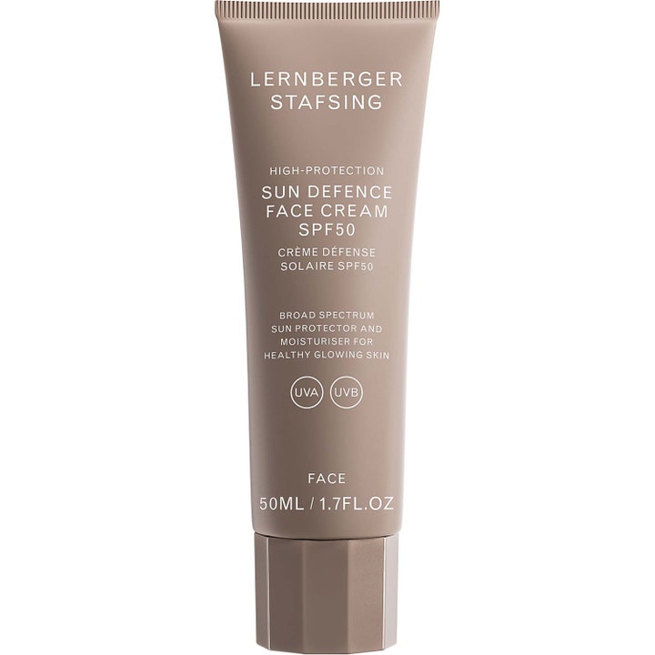 Lernberger Stafsing Sun Defence Face Cream SPF50 50ml solcreme i beige tube med hvid skrift og sølvfarvet låg