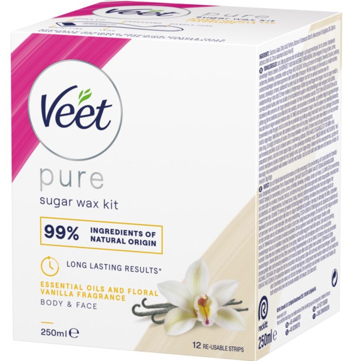 Veet Pure Sugar Wax Kit 250ml til hårfjerning i hvid papæske med lyserød grafik og en hvid vaniljeblomst