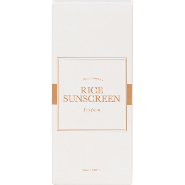 I'm From Rice Sunscreen 50 ml beskyttende solcreme i hvid papæske med elegant beige ramme og tekst