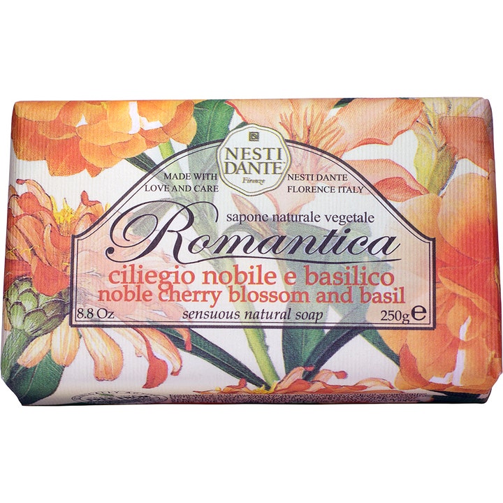 Nesti Dante Romantica 250g naturlig fast sæbe i papirindpakning med orange kirsebærblomster og grønne blade