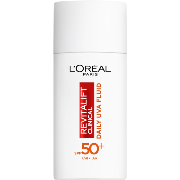 L'Oréal Paris Revitalift Clinical Daily UVA Fluid SPF 50+ solcreme i hvid plastflaske med rød og orange tekst