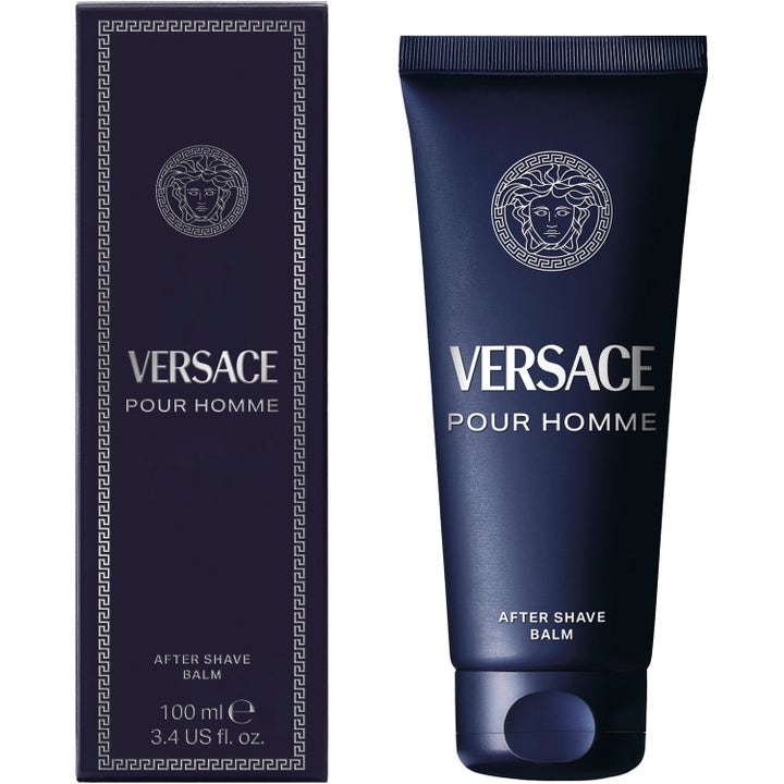 Versace Pour Homme After Shave Balm 100 ml beroligende aftershave i mørkeblå tube og æske med sølv Medusa-logo