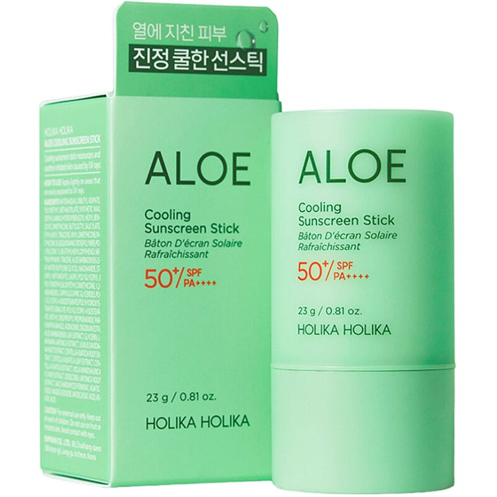 Holika Holika Aloe Cooling Sunscreen Stick 23 g kølende solbeskyttelse i lysegrøn stift og æske med SPF 50+.