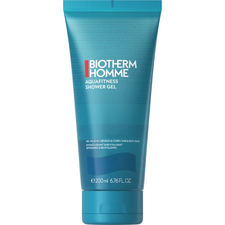 Biotherm Homme Aquafitness Shower Gel 200 ml opfriskende kropsvask i en blå gennemsigtig tube med blåt låg.