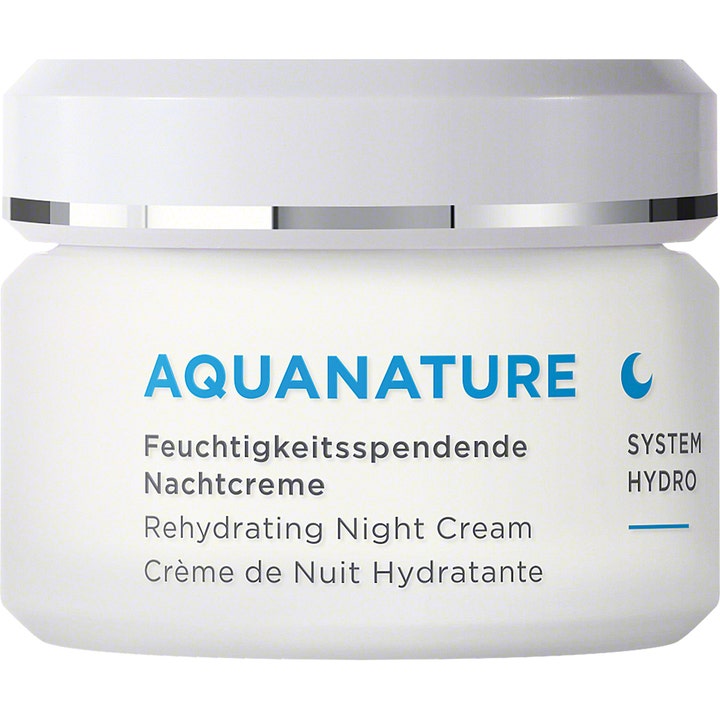 Annemarie Börlind Aquanature Rehydrating Night Cream fugtgivende natcreme i hvid krukke med metallisk sølvbånd