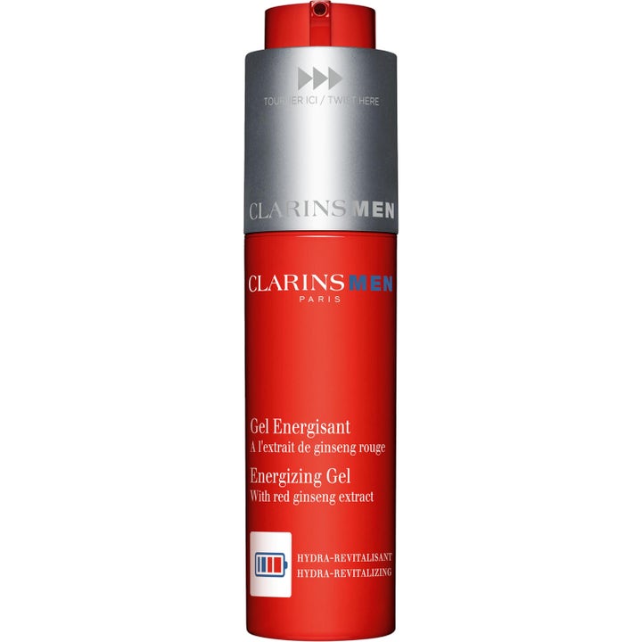 Clarins Men Energizing Gel 50ml opfriskende ansigtsgel med rød ginseng i rød beholder med sølvfarvet drejetop