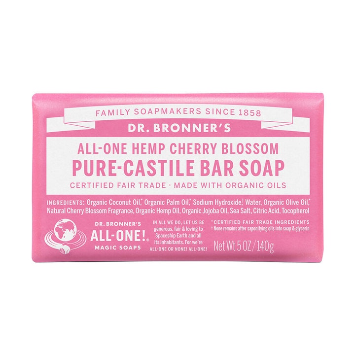 Dr. Bronner's Cherry Blossom Pure-Castile Bar Soap 140g fast sæbe i lyserød indpakning med hvid tekst