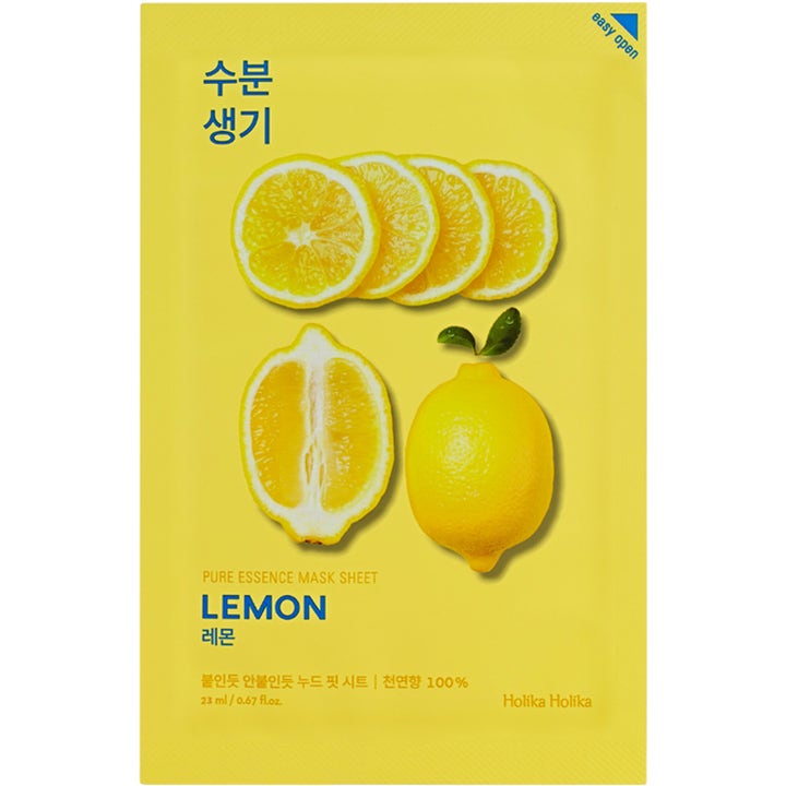 Holika Holika Pure Essence Mask Sheet Lemon 23 ml glødgivende sheetmaske i gul indpakning med friske citroner