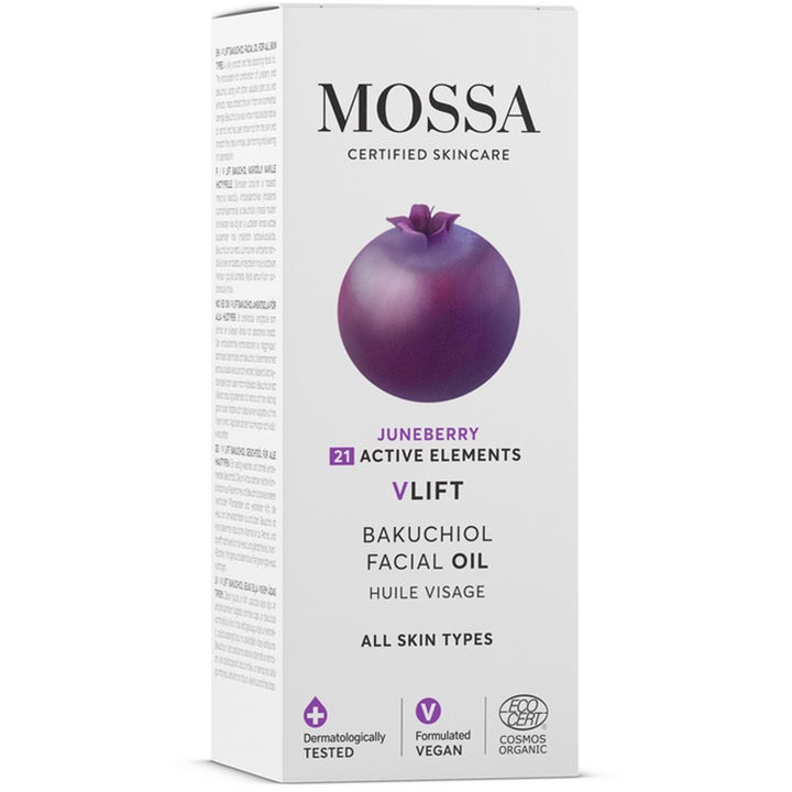 MOSSA V LIFT Bakuchiol Facial Oil 30 ml opstrammende ansigtsolie i hvid papæske med illustration af lilla bær.