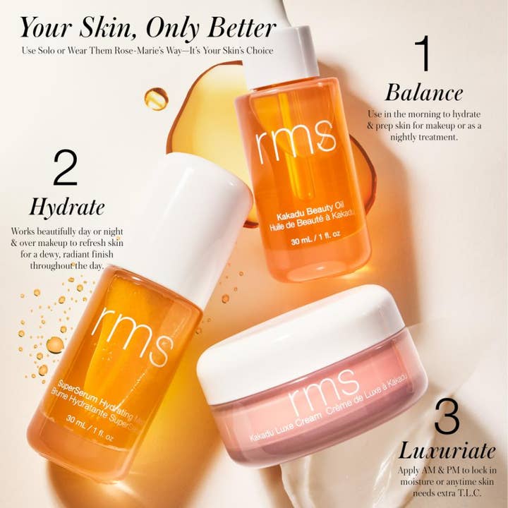 RMS Beauty Kakadu Luxe Cream 50 ml fugtgivende ansigtscreme i hvid krukke vist i et sæt for glød og balance.