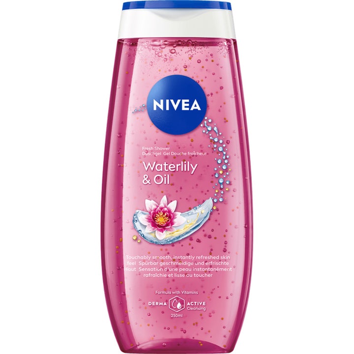 Nivea Waterlily & Oil 250ml opfriskende shower gel i lilla gennemsigtig flaske med olieperler og vandlilje