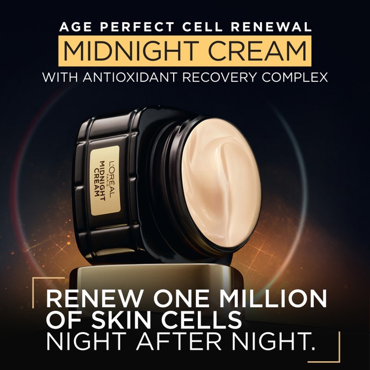 L'Oréal Paris Midnight Cream 50 ml natcreme med antioxidant recovery complex i sort glaskrukke med cremet tekstur