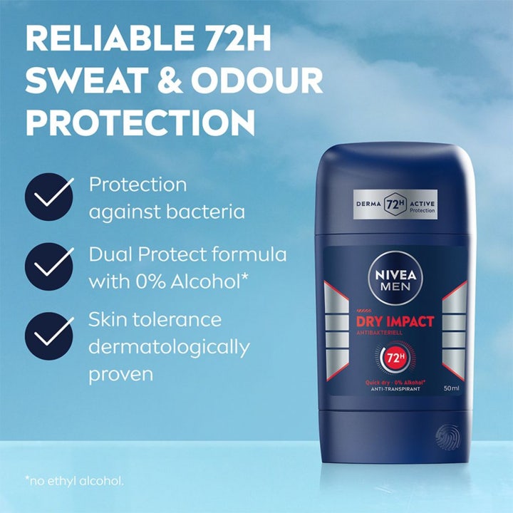 NIVEA Men Dry Impact Stick 50 ml antiperspirant mod sved i mørkeblå beholder med sølv og røde detaljer