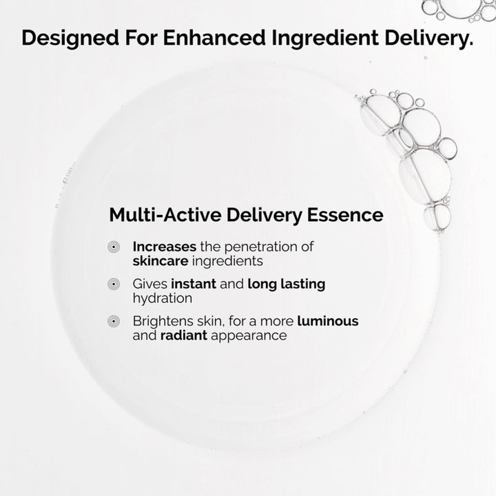 The Ordinary Multi-Active Delivery Essence 100 ml fugtgivende essence vist som en klar flydende tekstur med luftbobler