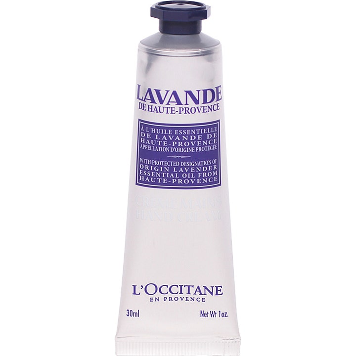 L'Occitane Lavande Hand Cream 30 ml blødgørende håndcreme i sølvfarvet tube med lilla tekst og mørkt låg