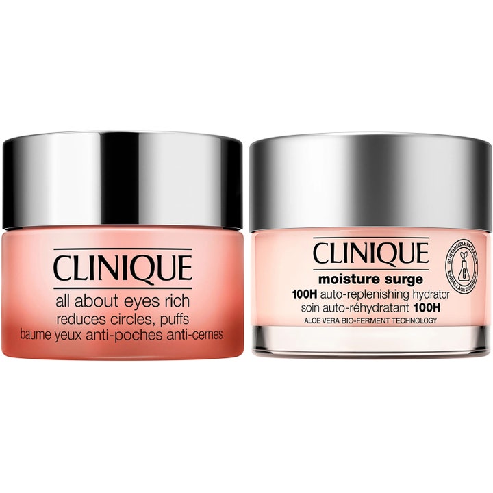 Clinique All About Eyes Rich og Moisture Surge 100H reducerer poser og giver fugt i lyserøde krukker med sølvlåg