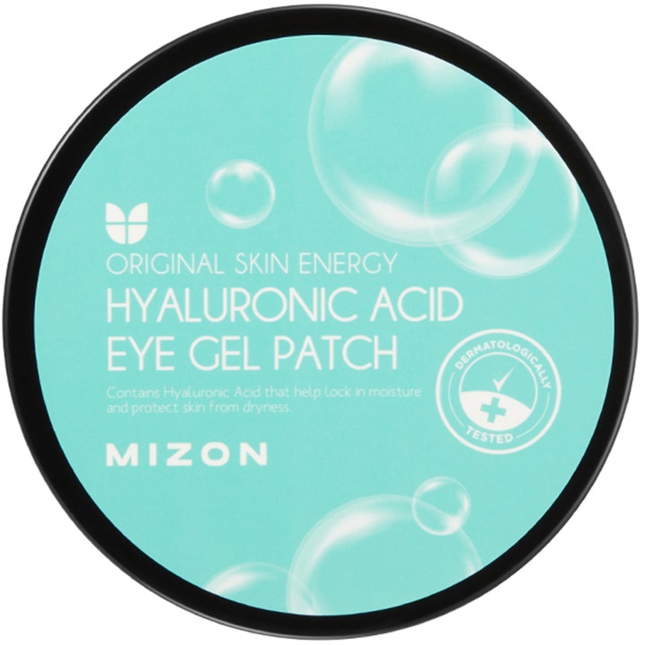 Mizon Hyaluronic Acid Eye Gel Patch 60 stk fugtgivende øjenmasker i rund lyseblå krukke med hvide bobler