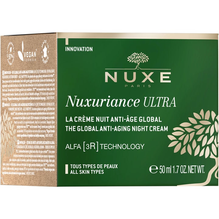 Nuxe Nuxuriance Ultra 50 ml regenererende natcreme i grøn og guld æske med vegansk ikon og Alfa 3R teknologi
