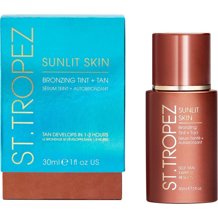 St.Tropez Self Tan Express Sunlit Skin 30 ml brun-uden-sol til ansigtet i blå æske og bronzefarvet flaske