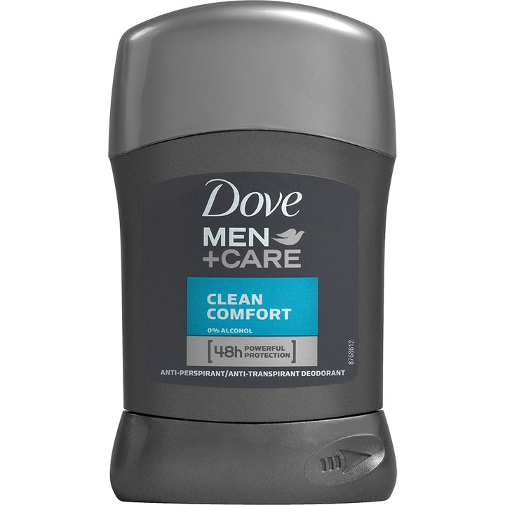 Dove Men+Care Clean Comfort 50 ml deodorant stick der giver effektiv beskyttelse i grå plastbeholder