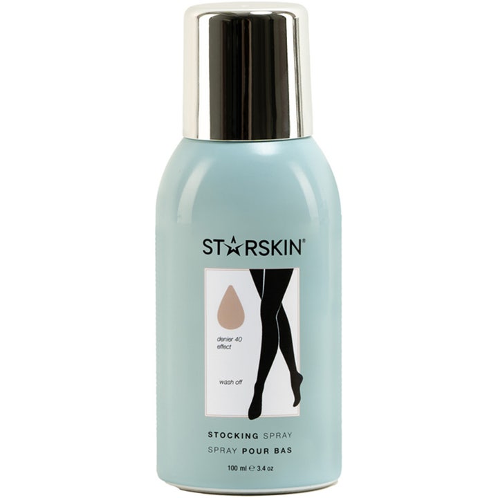Starskin Stocking Spray 100 ml brun uden sol til benene i lyseblå sprayflaske med skinnende sølvlåg