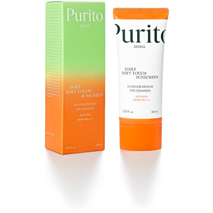 Purito Daily Soft Touch Sunscreen 60 ml SPF50+ ansigtssolcreme med ceramider i hvid tube og grøn æske