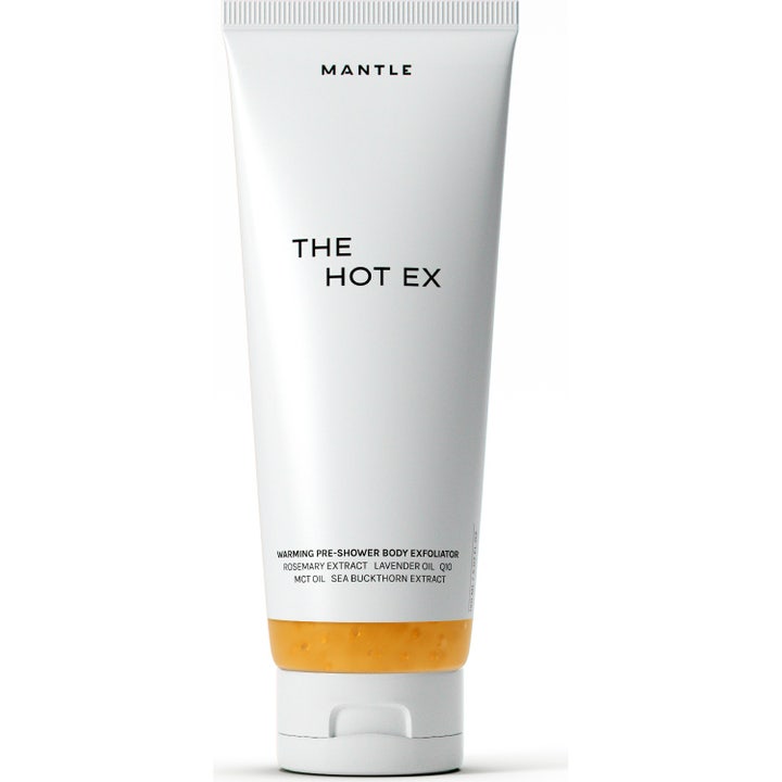 Mantle The Hot Ex 150 ml opvarmende kropspeeling i hvid tube med orange gel synlig i bunden