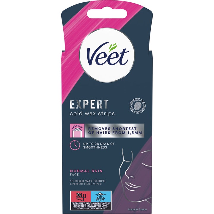 Veet Expert Cold Wax Strips Face 16 stk til hårfjerning giver glat hud i mørkeblå og lyserød emballage