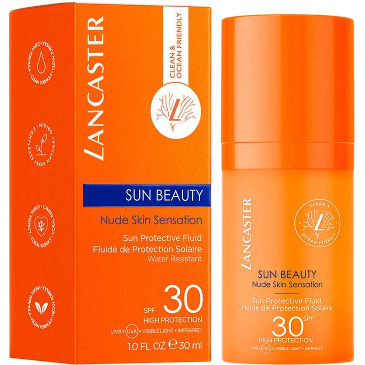 Lancaster Sun Beauty Face Fluid 30 ml SPF 30 solcreme til ansigtet i orange flaske og æske med Nude Skin Sensation