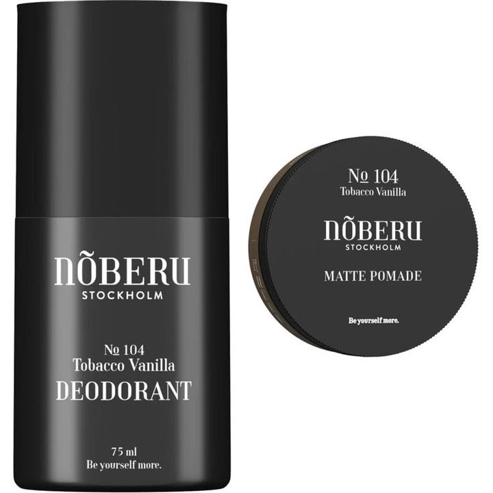 Nõberu No 104 Tobacco Vanilla 75 ml deodorant og matte pomade i sorte emballager til herrepleje og styling