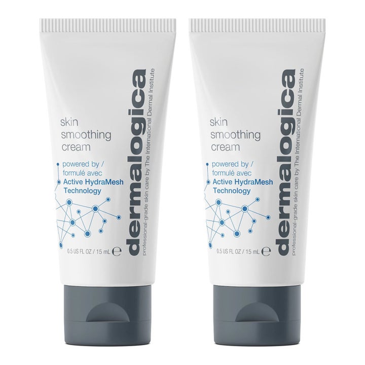 Dermalogica Skin Smoothing Cream 15 ml fugtgivende ansigtscreme i to hvide tuber med grå låg og blåt mønster