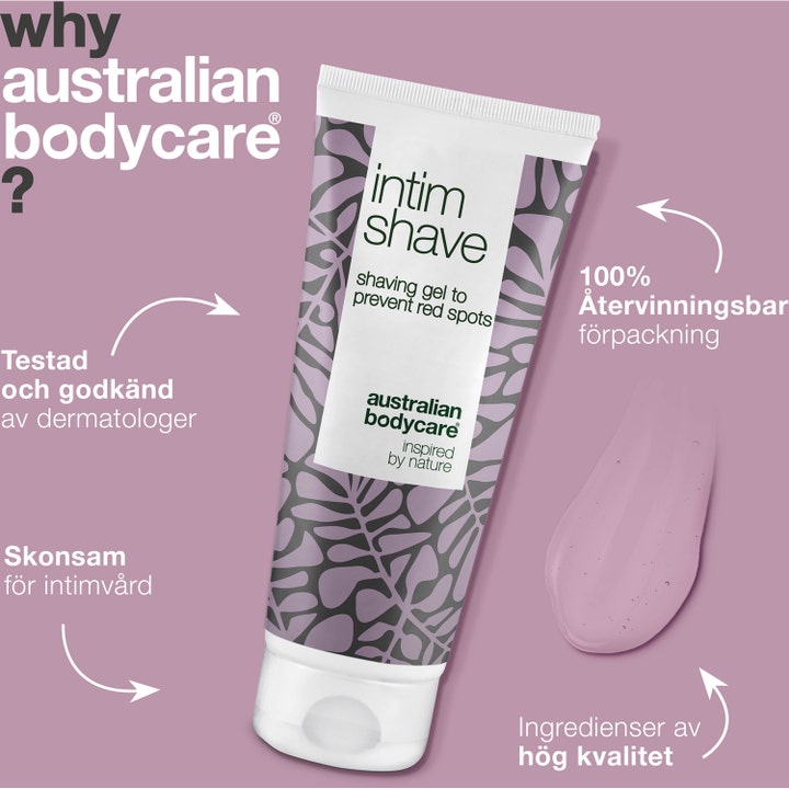 Australian Bodycare Intim Shave 100 ml gennemsigtig barbergel mod knopper ved siden af en lilla tube
