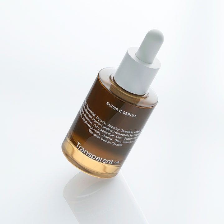Niche Beauty Lab Transparent Lab Super C Serum 30 ml giver glød i en brun glasflaske med hvid pipette