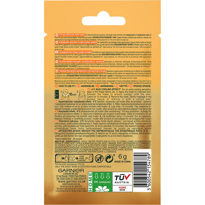 Garnier Skin Active Eye Tissue Mask Orange 1 stk øjenmaske mod poser under øjnene viser emballagens bagside med tekst