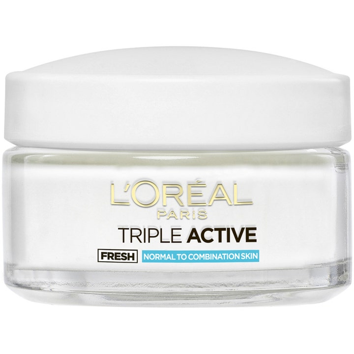 L'Oréal Paris Triple Active Fresh 50 ml fugtgivende dagcreme i klar glaskrukke med hvidt låg til kombineret hud