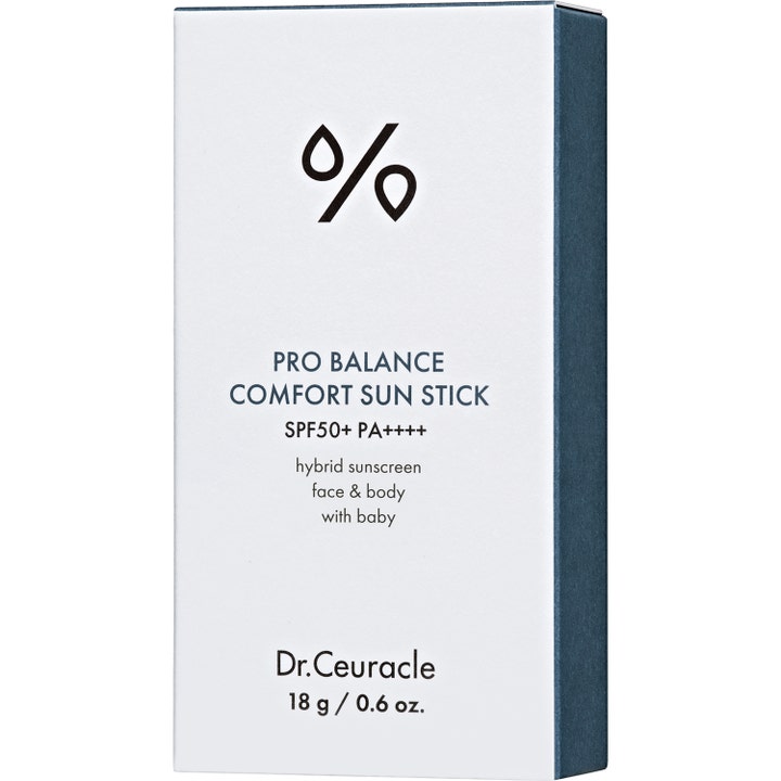 Dr. Ceuracle Pro Balance Comfort Sun Stick 18 g hybrid solcreme med SPF50+ i hvid og mørkeblå yderemballage