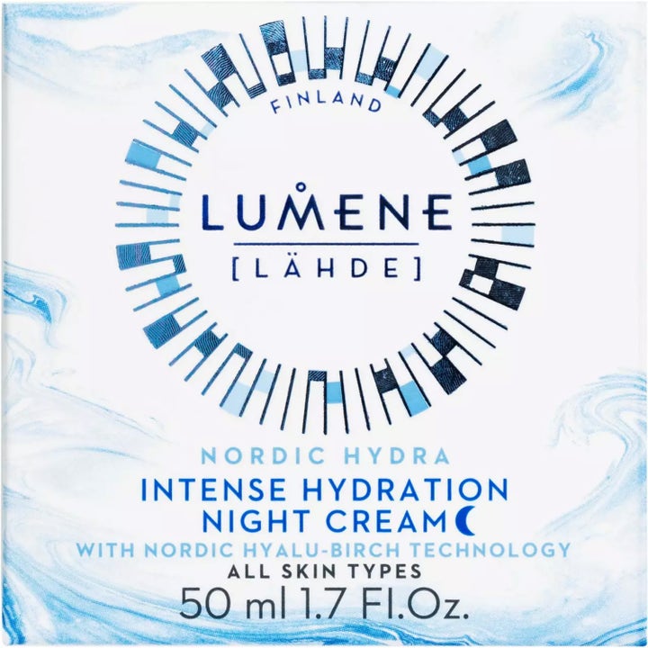 Lumene Nordic Hydra Intense Hydration Night Cream 50 ml fugtgivende natcreme i hvid æske med blå cirkelgrafik