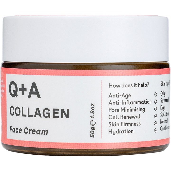 Q+A Collagen Face Cream 50g fugtgivende anti-age ansigtscreme i en brun glaskrukke med hvidt låg og lyserøde detaljer