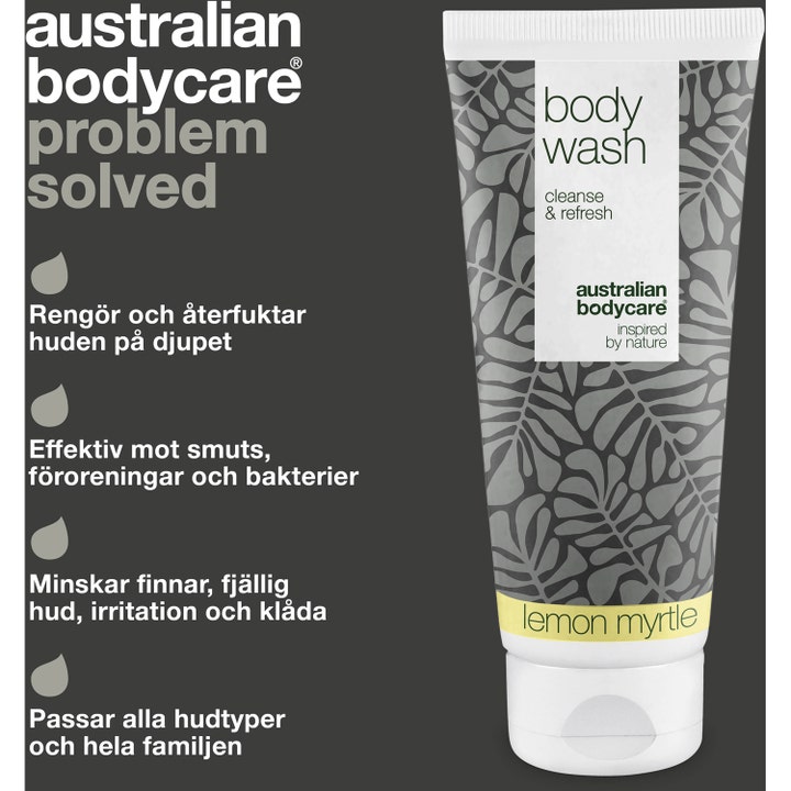 Australian Bodycare Body Wash Lemon Myrtle 200 ml i tube med mønster der renser og opfrisker huden